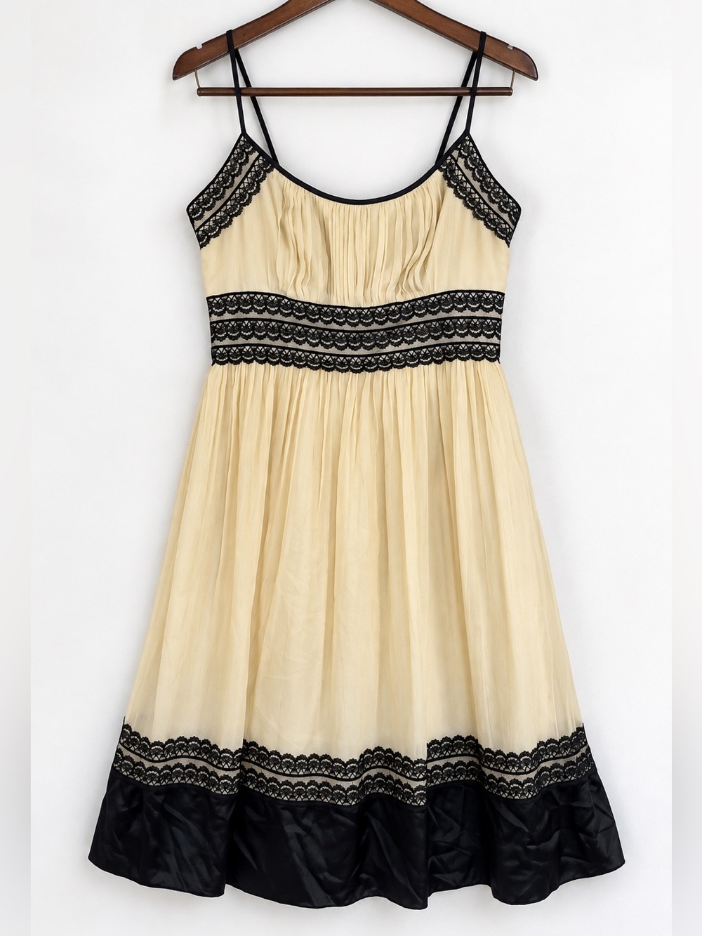 Vintage 90s Maggy London Silk Lace Slip Dress Black Cream 10